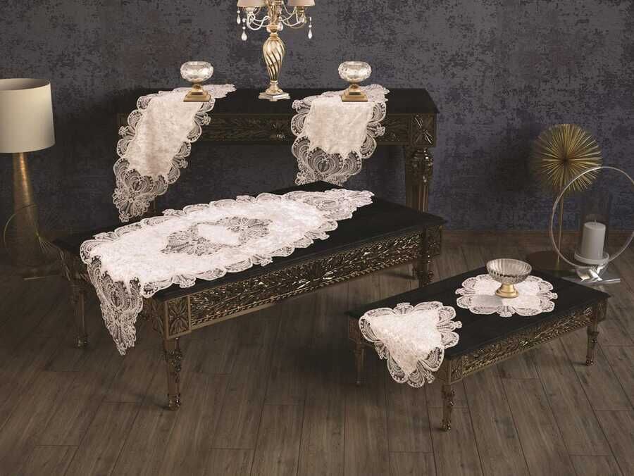  French Laced Jasmine Velvet Living Room Set 5 Pieces Cream Gold