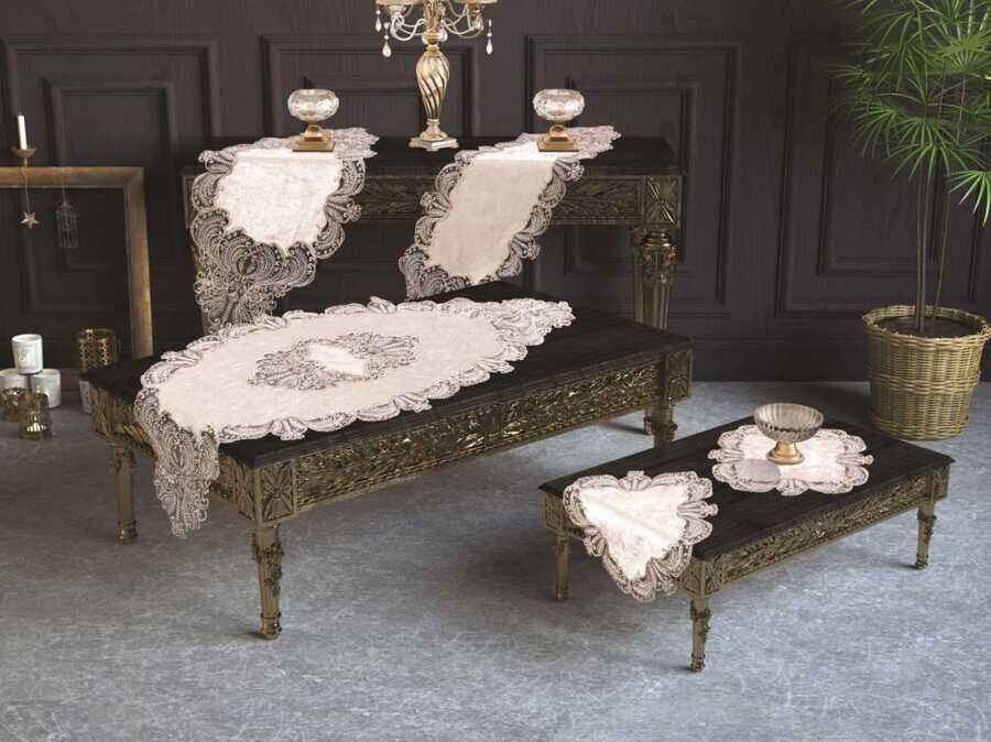  French Laced Yasemin Velvet Living Room Set 5 Pieces Cream Silver