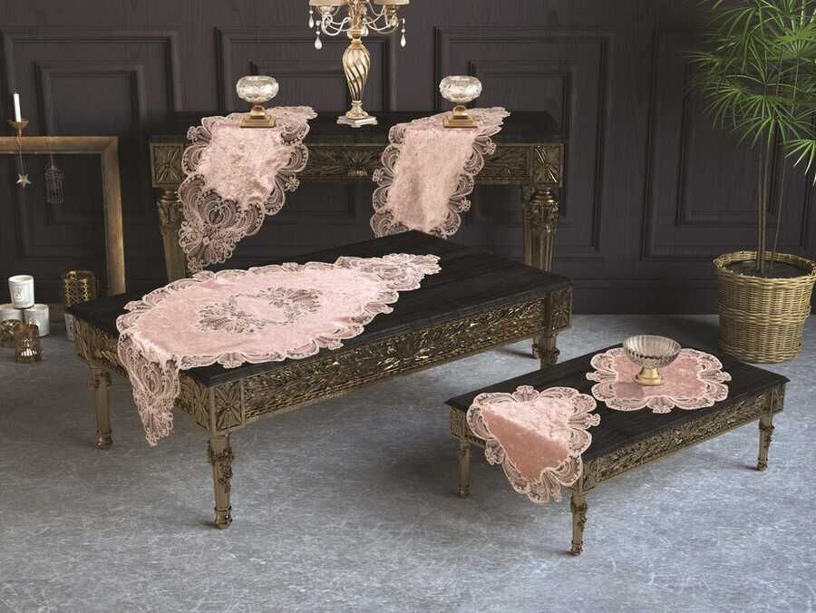  French Laced Yasemin Velvet Living Room Set 5 Pieces Powder