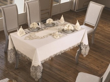 Dowry World - French Guipure Jasmine Velvet Single Table Cloth - Ecru Gold Dowry World - French Guipure Jasmine Velvet Single Table Cloth - Ecru Gold