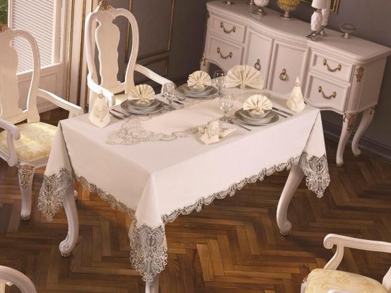 French Guipure Yasemin Velvet Single Table Cloth - Ecru Silver