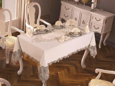 Dowry World - French Guipure Yasemin Velvet Single Table Cloth - Cream Cream Dowry World - French Guipure Yasemin Velvet Single Table Cloth - Cream Cream