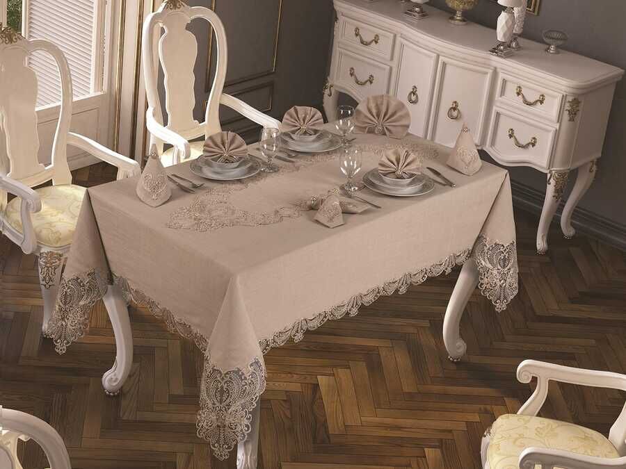  French Laced Jasmine Tablecloth Set 18 Piece Cappucino