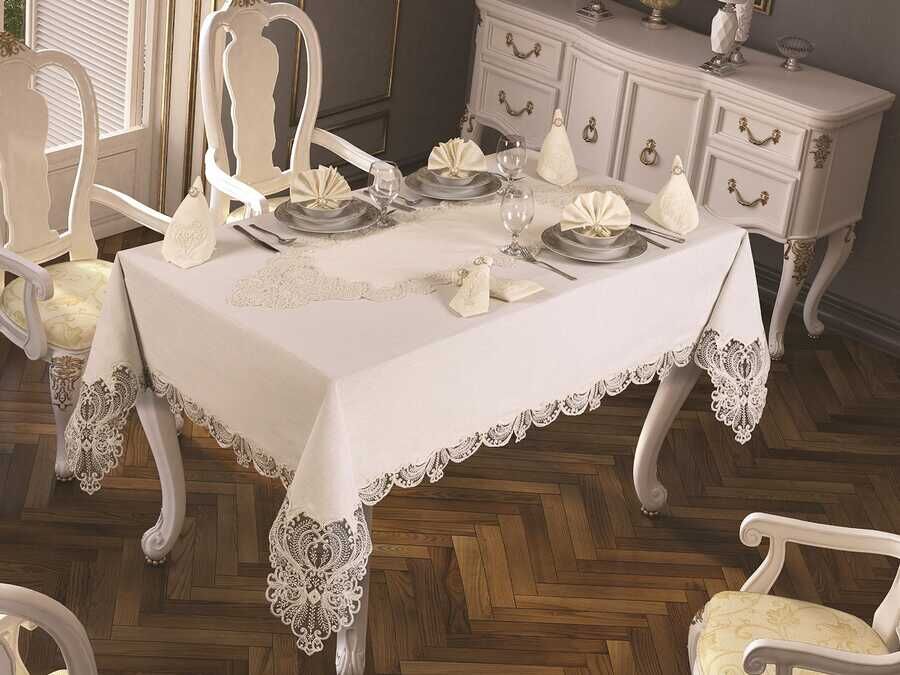 French Laced Yasemin Tablecloth Set 18 Pieces Ecru