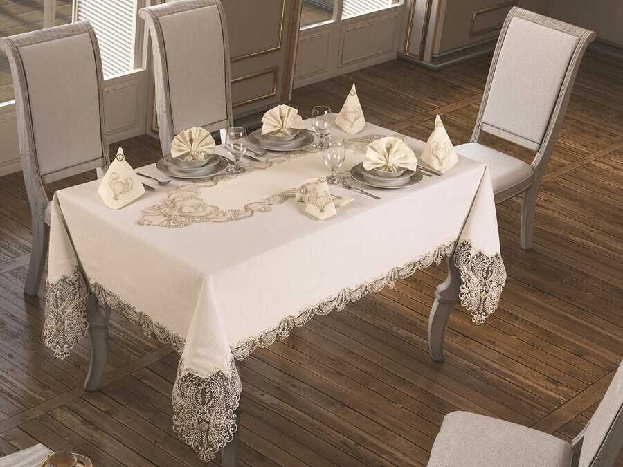  French Laced Jasmine Tablecloth Set 18 Piece Ecru Gold