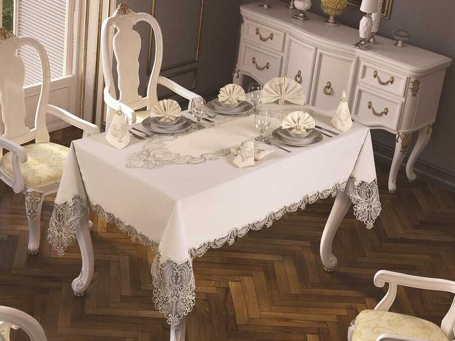  French Laced Jasmine Tablecloth Set 18 Piece Ecru Silver