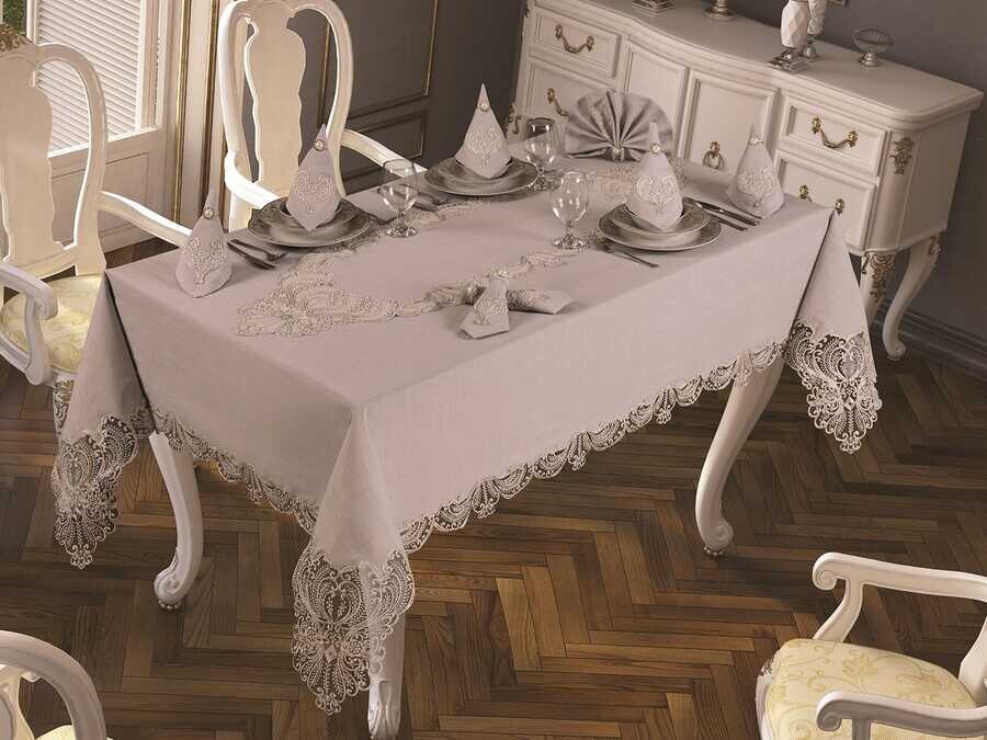 Dowry World - French Laced Jasmine Tablecloth Set 18 Piece Gray Dowry World - French Laced Jasmine Tablecloth Set 18 Piece Gray