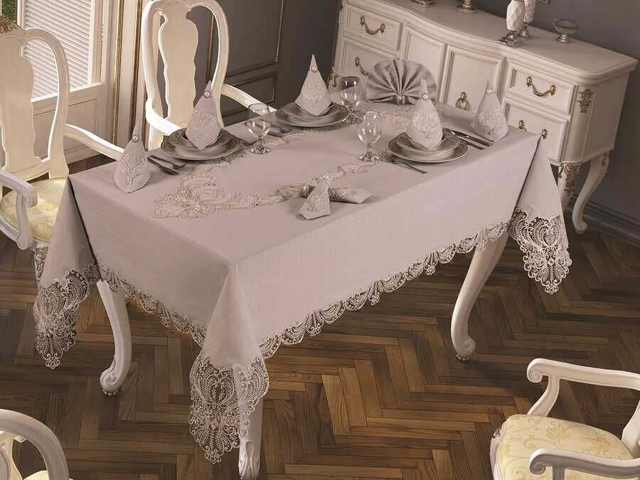  French Laced Jasmine Tablecloth Set 18 Piece Gray
