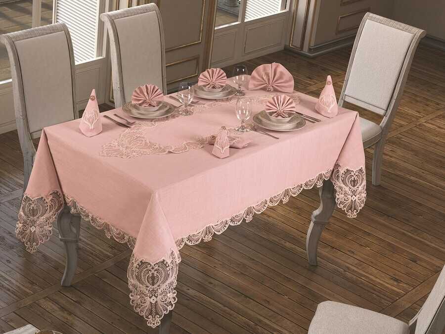 French Laced Jasmine Tablecloth Set 18 Piece Powder