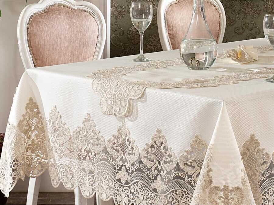 French Guipure Ruby Table Cloth Set 160x300 Cm 26 Pieces Ecru Gold - Thumbnail