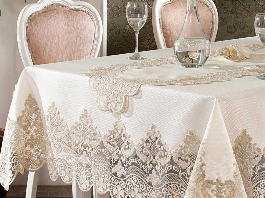 French Guipure Ruby Table Cloth Set 160x300 Cm 26 Pieces Ecru Gold