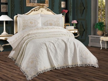 French Lace Omara 3 Piece Bedspread Set Cream - Thumbnail