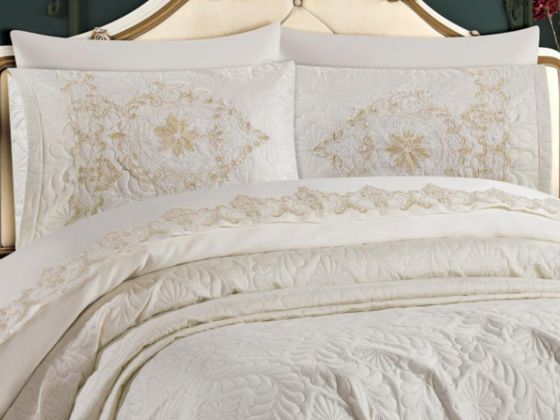 French Lace Omara 3 Piece Bedspread Set Cream