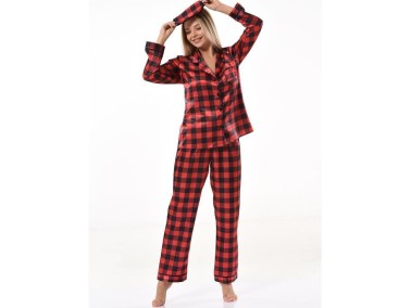 Gabrielle Satin Pajamas Set 5633 Gingham Red - Thumbnail