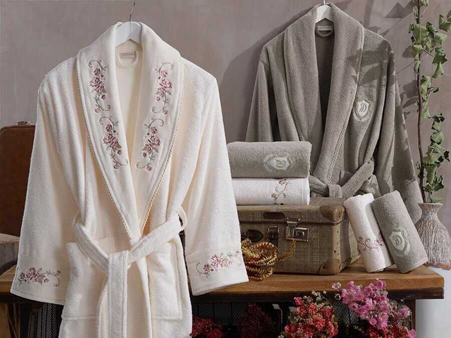  Gardenya Luxury Embroidered Cotton Bathrobe Set Cream Beige