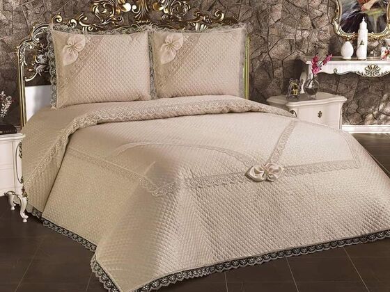 Gelincik Quilted French Guipure Bedspread Cappucino