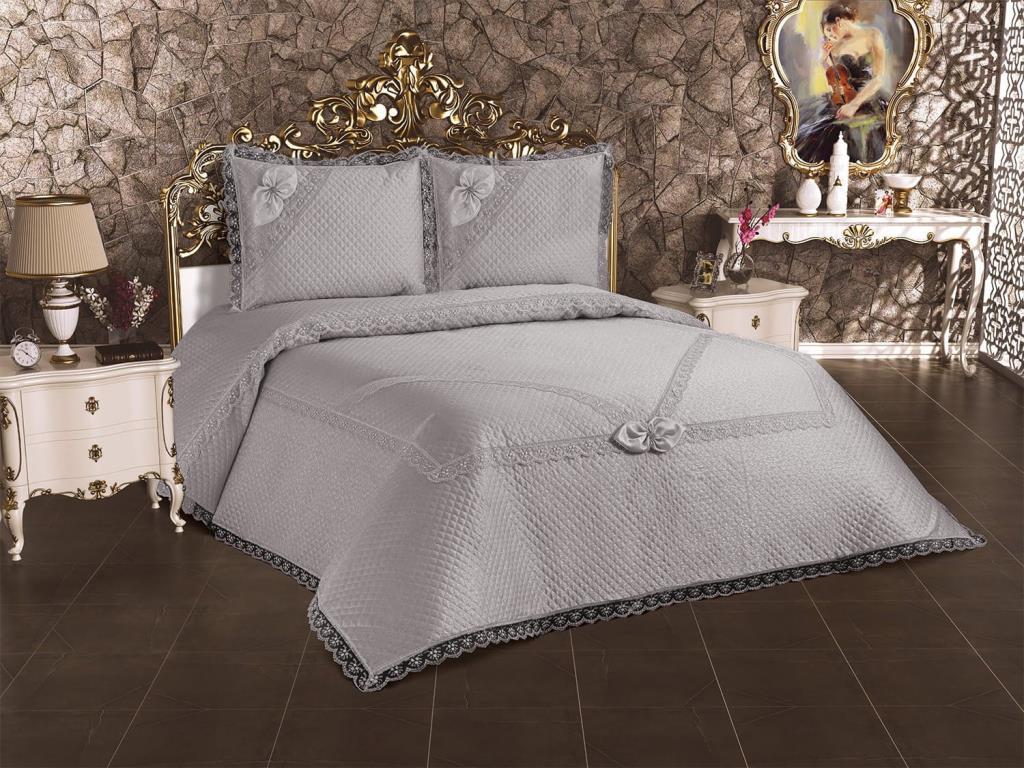 Gelincik Quilted French Guipure Bedspread Gray