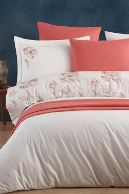 Glory Embroidered 100% Cotton Duvet Cover Set, Duvet Cover 200x220, Sheet 240x260, Double Size, Full Size Ecru - Thumbnail