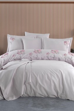Glory Embroidered 100% Cotton Duvet Cover Set, Duvet Cover 200x220, Sheet 240x260, Double Size, Full Size Gray - Thumbnail