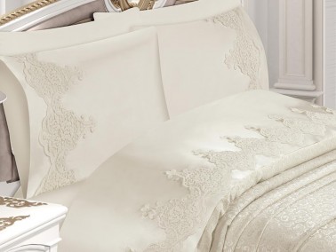 Gonca French Guipure Brocade Pique Set Cream - Thumbnail