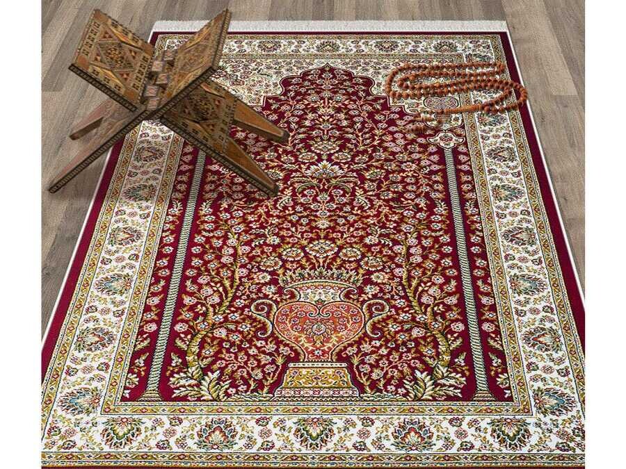 Gülsüm Velvet Prayer Rug - Claret Red - Thumbnail