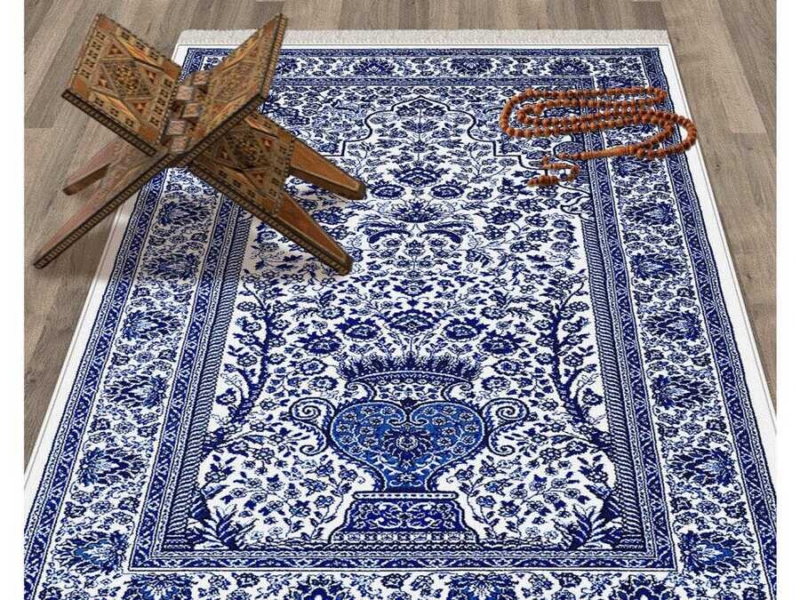 Gülsüm Velvet Prayer Rug Blue - Thumbnail