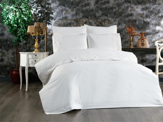 Hanzade Bedding Set 6 Pcs, Duvet Cover, Bed Sheet, Pillowcase, Double Size, Self Patterned, Wedding, Daily use Cream