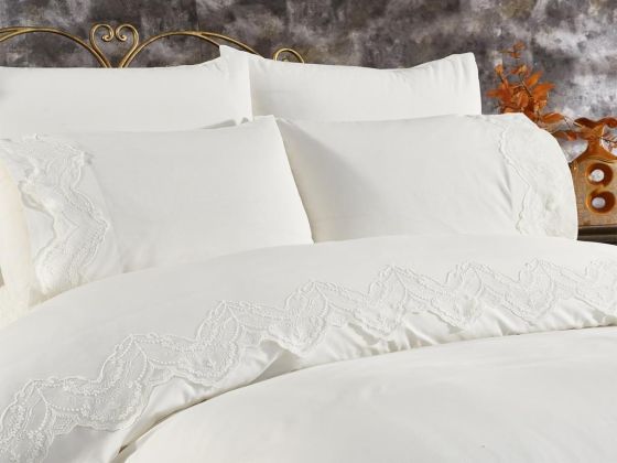 Hanzade Bedding Set 6 Pcs, Duvet Cover, Bed Sheet, Pillowcase, Double Size, Self Patterned, Wedding, Daily use Cream