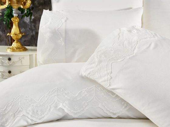 Hanzade Bedding Set 6 Pcs, Duvet Cover, Bed Sheet, Pillowcase, Double Size, Self Patterned, Wedding, Daily use Cream