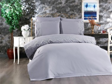 Hanzade Bedding Set 6 Pcs, Duvet Cover, Bed Sheet, Pillowcase, Double Size, Self Patterned, Wedding, Daily use Grey - Thumbnail