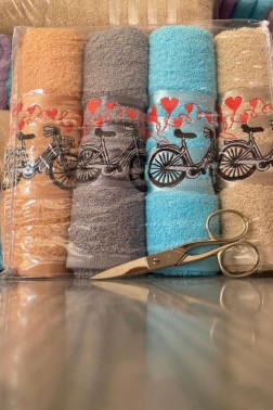 Happy Bicycle Embroidered Towels Set 50x90 cm 4 pcs - Thumbnail