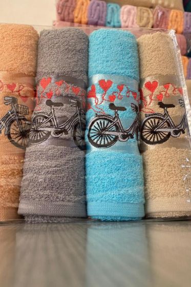 Happy Bicycle Embroidered Towels Set 50x90 cm 4 pcs