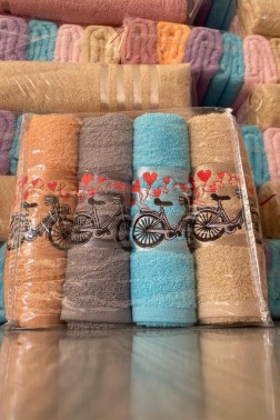 Happy Bicycle Embroidered Towels Set 50x90 cm 4 pcs - Thumbnail