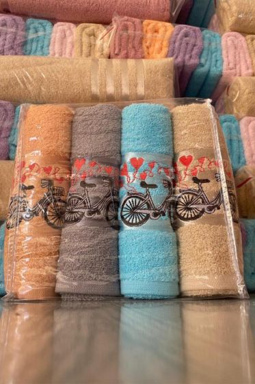 Happy Bicycle Embroidered Towels Set 50x90 cm 4 pcs