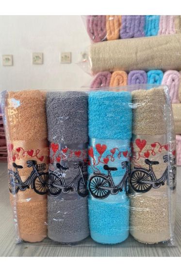 Happy Bicycle Embroidered Towels Set 50x90 cm 4 pcs