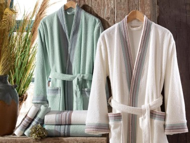 Harmony Jacquard Cotton Bathrobe Set Cream Green - Thumbnail