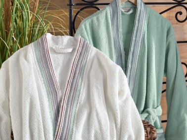 Harmony Jacquard Cotton Bathrobe Set Cream Green - Thumbnail