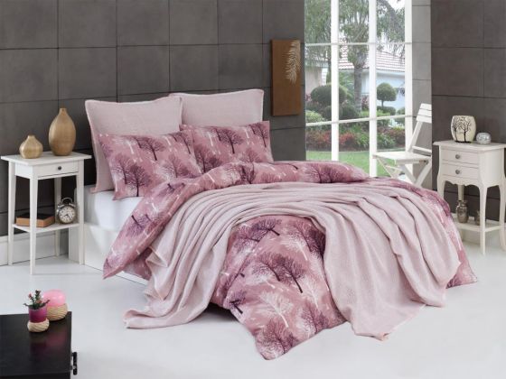Haruto Bedding Set 7 Pcs, Bedspread 200x230, Duvet Cover 200x220, Bed Sheet, Double Size, Self Patterned, Pink
