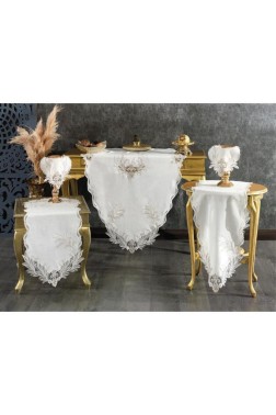 Hazan 5 Piece Living Room Set, Tablecloth, Table Runner, Coffee Table Runner, Runner Cream - Thumbnail