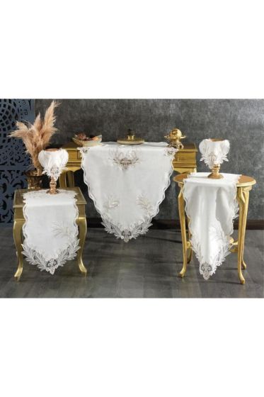 Hazan 5 Piece Living Room Set, Tablecloth, Table Runner, Coffee Table Runner, Runner Cream