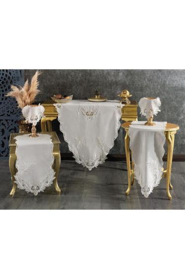 Hazan 5 Piece Living Room Set, Tablecloth, Table Runner, Coffee Table Runner, Runner Gray