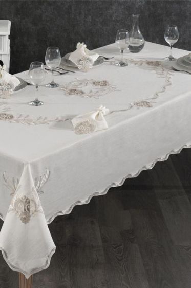 Hazan Dinner Set 25 pcs, Tablecloth Rectangle, Runner, Placemat, Cream