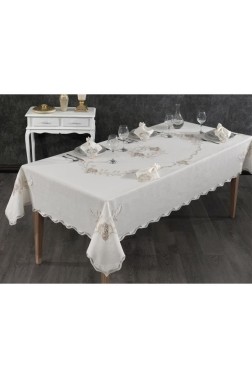 Hazan Dinner Set 25 pcs, Tablecloth Rectangle, Runner, Placemat, Cream - Thumbnail