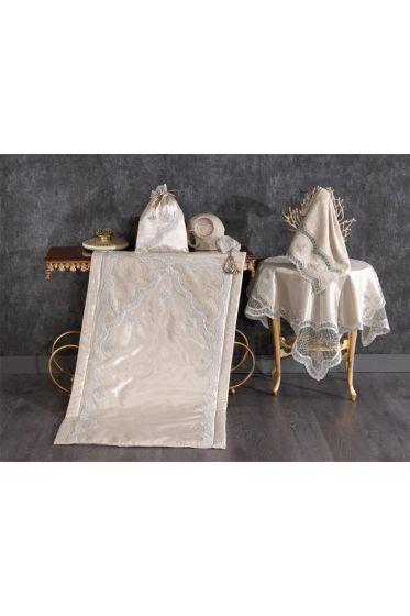 Hazan Velvet Maras Prayer Rug Set 6pcs, Rug 70x115 cm,Towel, Bundle, Cappucino
