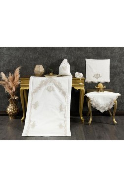 Hazan Velvet Prayer Rug Set 6pcs, Rug 70x115 cm,Towel, Bundle, Navy Cream - Gold - Thumbnail