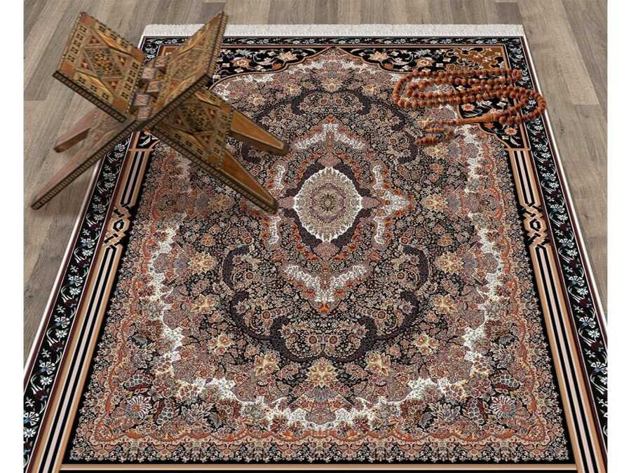 Hendek Velvet Prayer Rug Black - Thumbnail