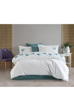 Heral Embroidered 100% Cotton Duvet Cover Set, Duvet Cover 200x220, Sheet 240x260, Double Size, Full Size Ecru - Thumbnail
