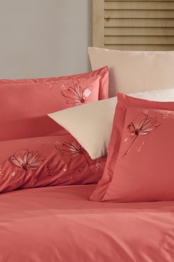 Heral Embroidered 100% Cotton Duvet Cover Set, Duvet Cover 200x220, Sheet 240x260, Double Size, Full Size Orange - Thumbnail