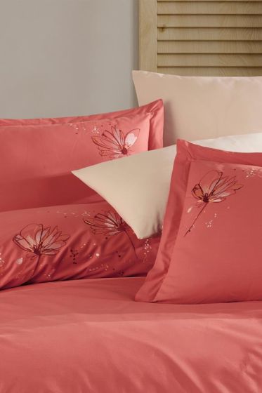 Heral Embroidered 100% Cotton Duvet Cover Set, Duvet Cover 200x220, Sheet 240x260, Double Size, Full Size Orange