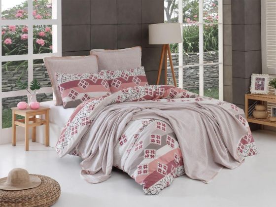Hina Bedding Set 7 Pcs, Bedspread 200x230, Duvet Cover 200x220, Bed Sheet, Double Size, Self Patterned, Orange